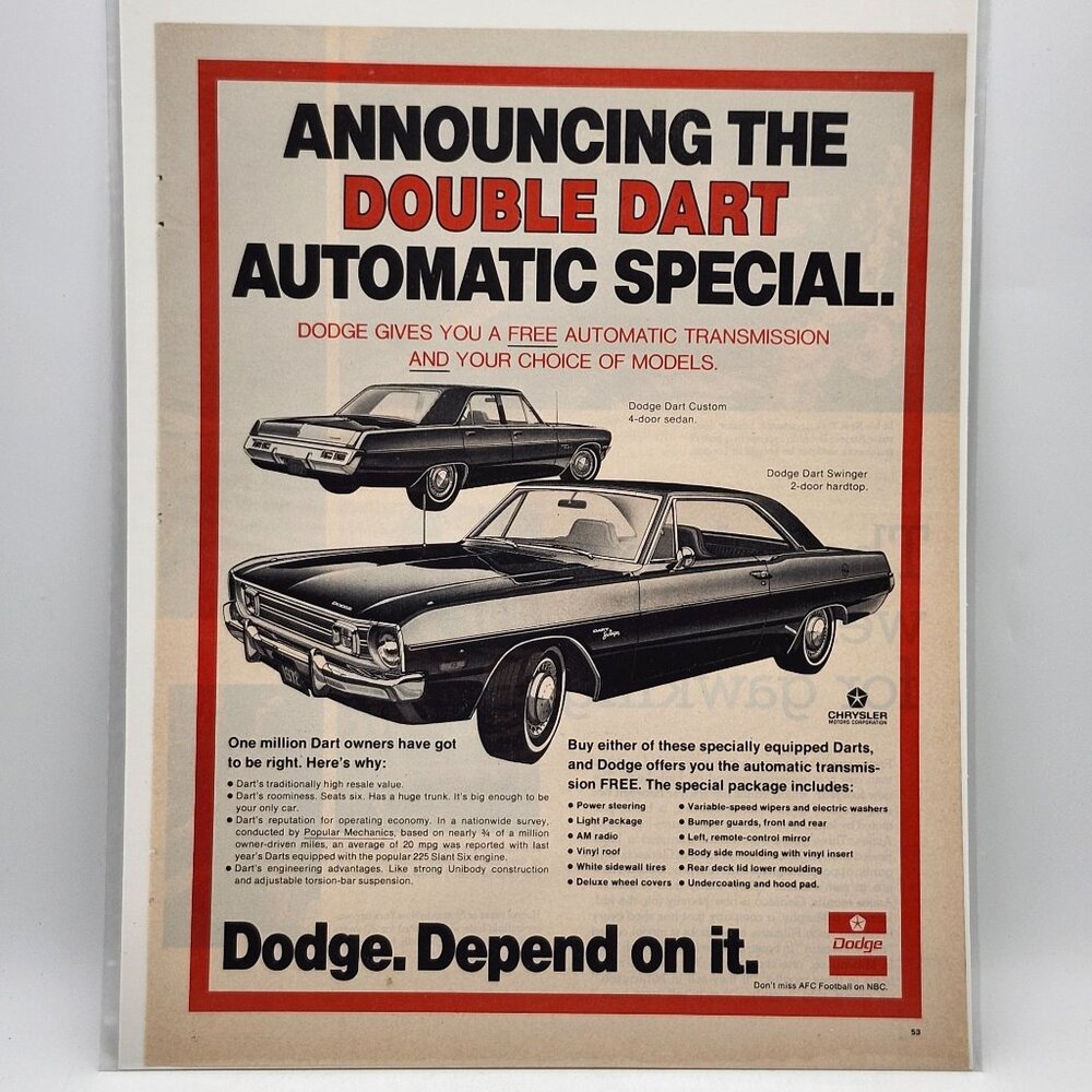 Vintage 1969 Dodge Dart Custom Swinger Magazine Print Ad Chrysler Plymouth